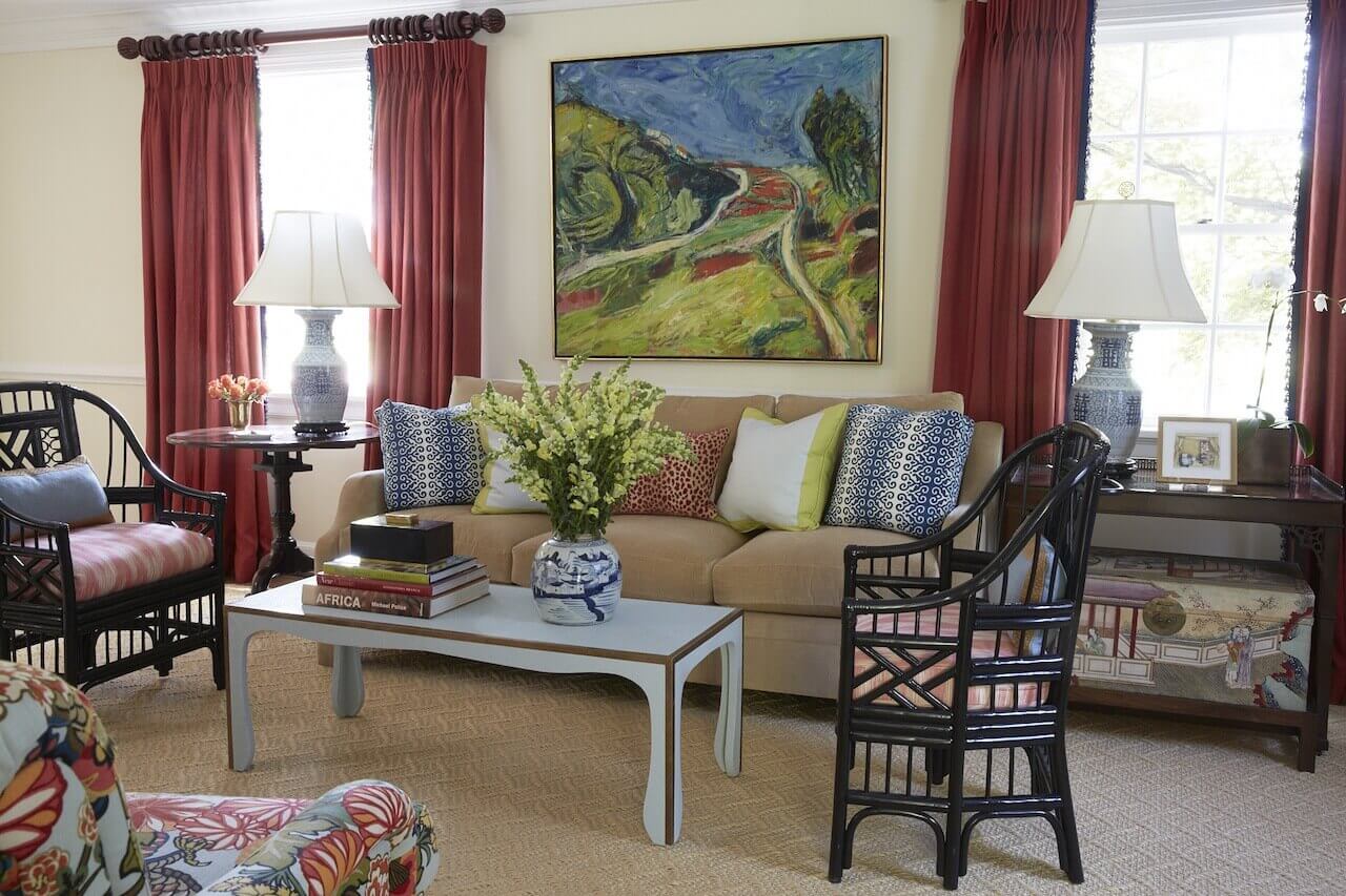 Bamboo chairs from Meg Braff Designs (where Hennessey spent time working while in New York) are covered in a Brunschwig & Fils fabric in the living room.