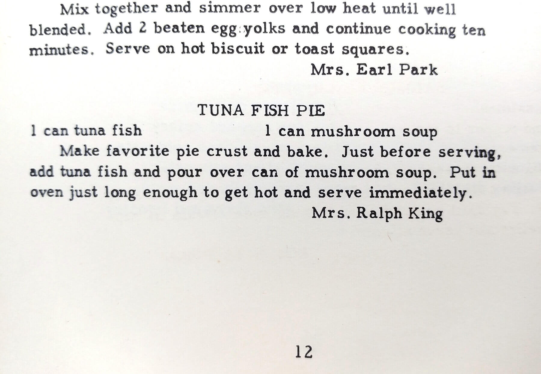 Mrs. Ralph King's "Tuna Fish Pie" recipe dump recipes