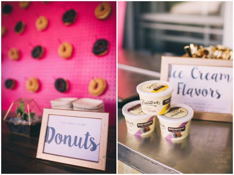 Personal faves: Brian loves doughnuts so they ordered a selection of glazed and chocolate iced treats from Nord’s Bakery for their doughnut wall, and Jessica works at Graeter’s Ice Cream, so an ice cream cart was a must for the reception. treehouse elopement