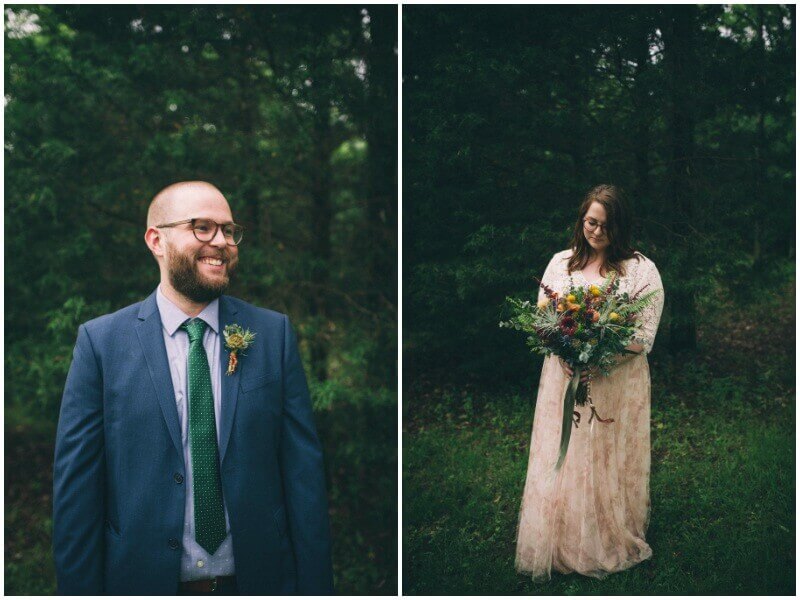 The bride and groom, among the lush woods, stand ready to become Mr. & Mrs. Sample. treehouse elopement