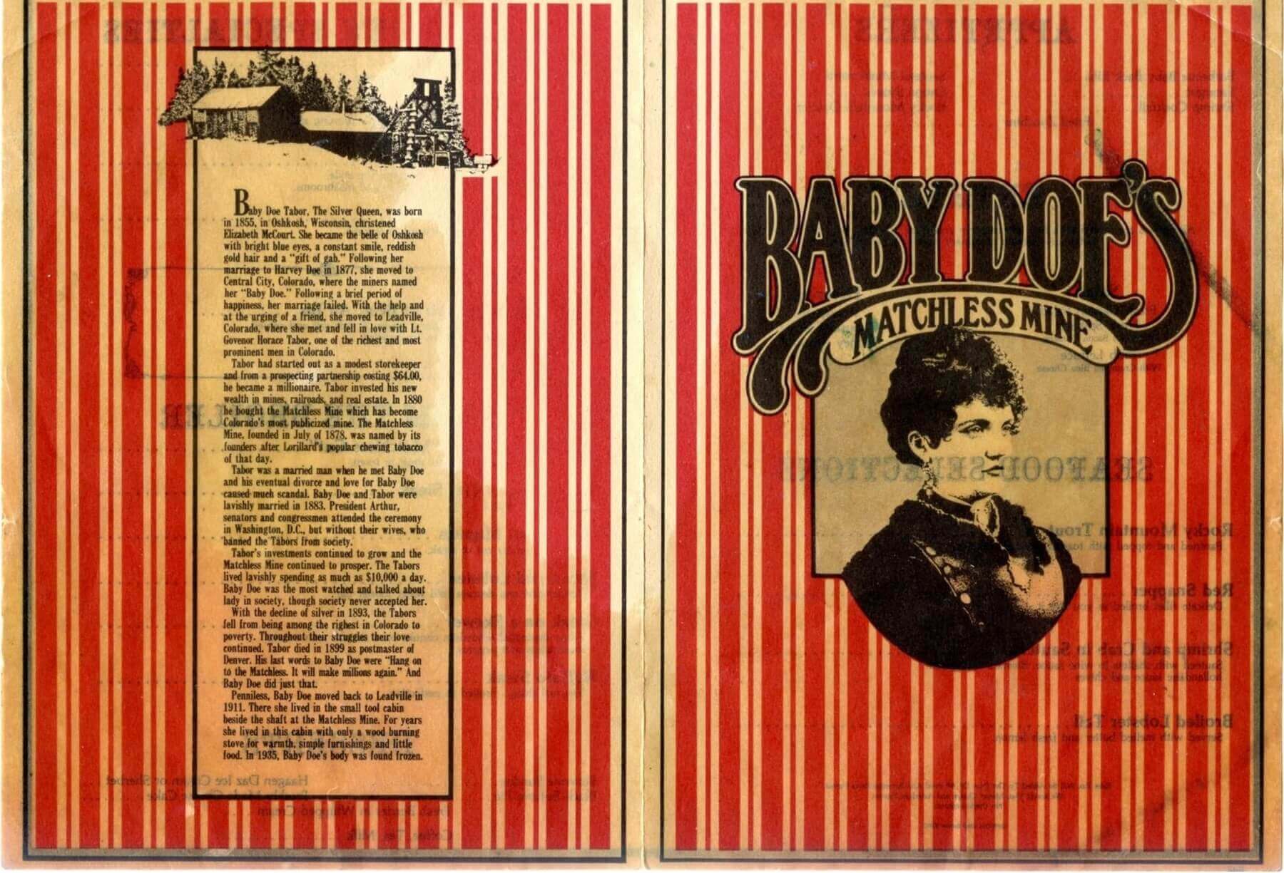 The menu cover from Baby Doe's Matchless Mine | Image: Pinterest