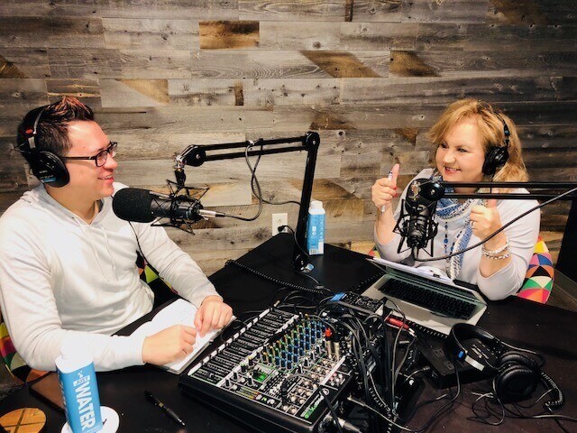 Sandra with producer Andy Goh recording her new Podcast, Emerge Victorious: growing through and beyond divorce. Image: Submitted