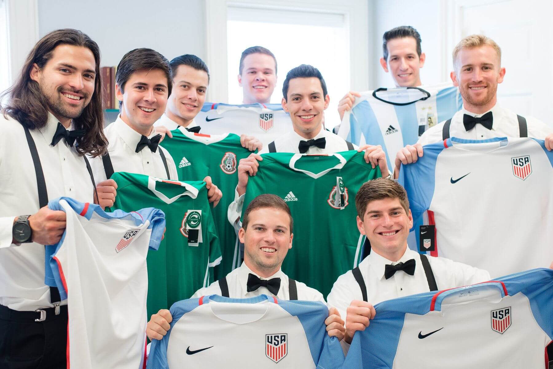 Carlos grew up in Mexico, and his family is all from El Salvador. What gift to his groomsman could be more fitting than futbol jerseys representing his attendants’ home countries? Love this sweet, personal touch!