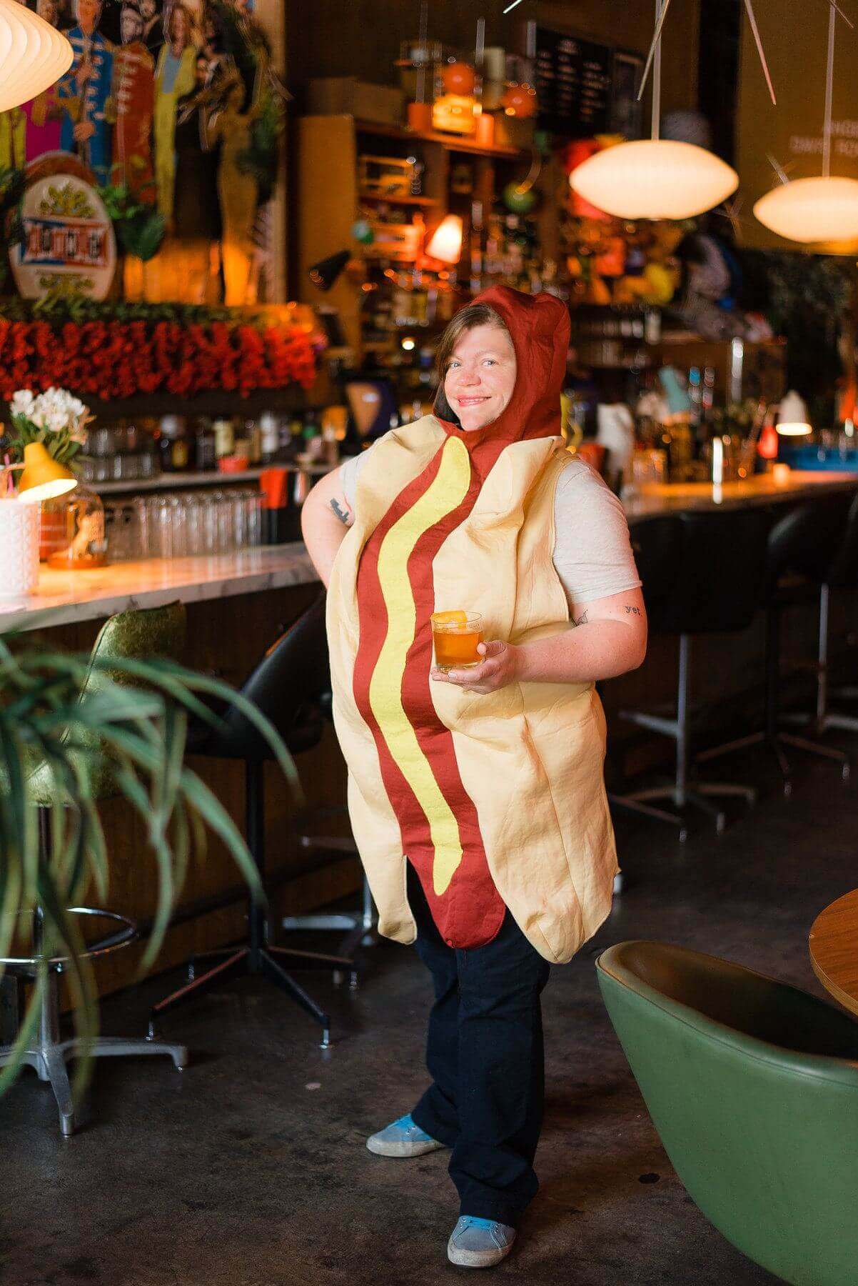 Hot dog! Steva rocks one of The Atomic's costumes that guests are allowed to don while hanging out at the hotspot. Steva Casey