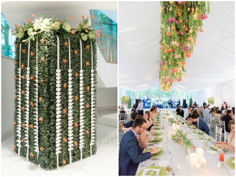 It was important to Ashley and Carlos that they enjoy a meal with their beloved guests, so they opted for a seated dinner. Name cards were stationed at this stately botanical display.