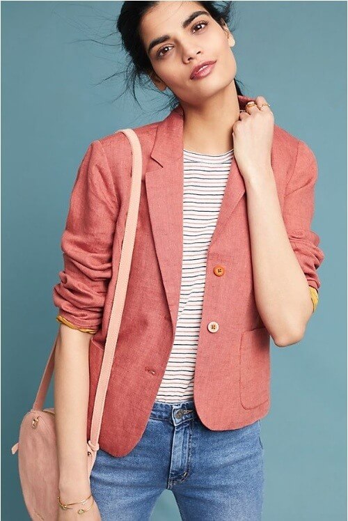 A linen blazer can be paired with a summer dress for a laid-back yet polished look. Image: Anthropologie megan larussa