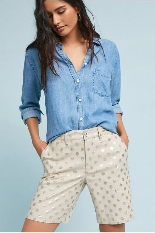 Classic polka dots in a subtle metallic look effortlessly chic when paired with a denim button-down. Image: Anthropologie megan larussa