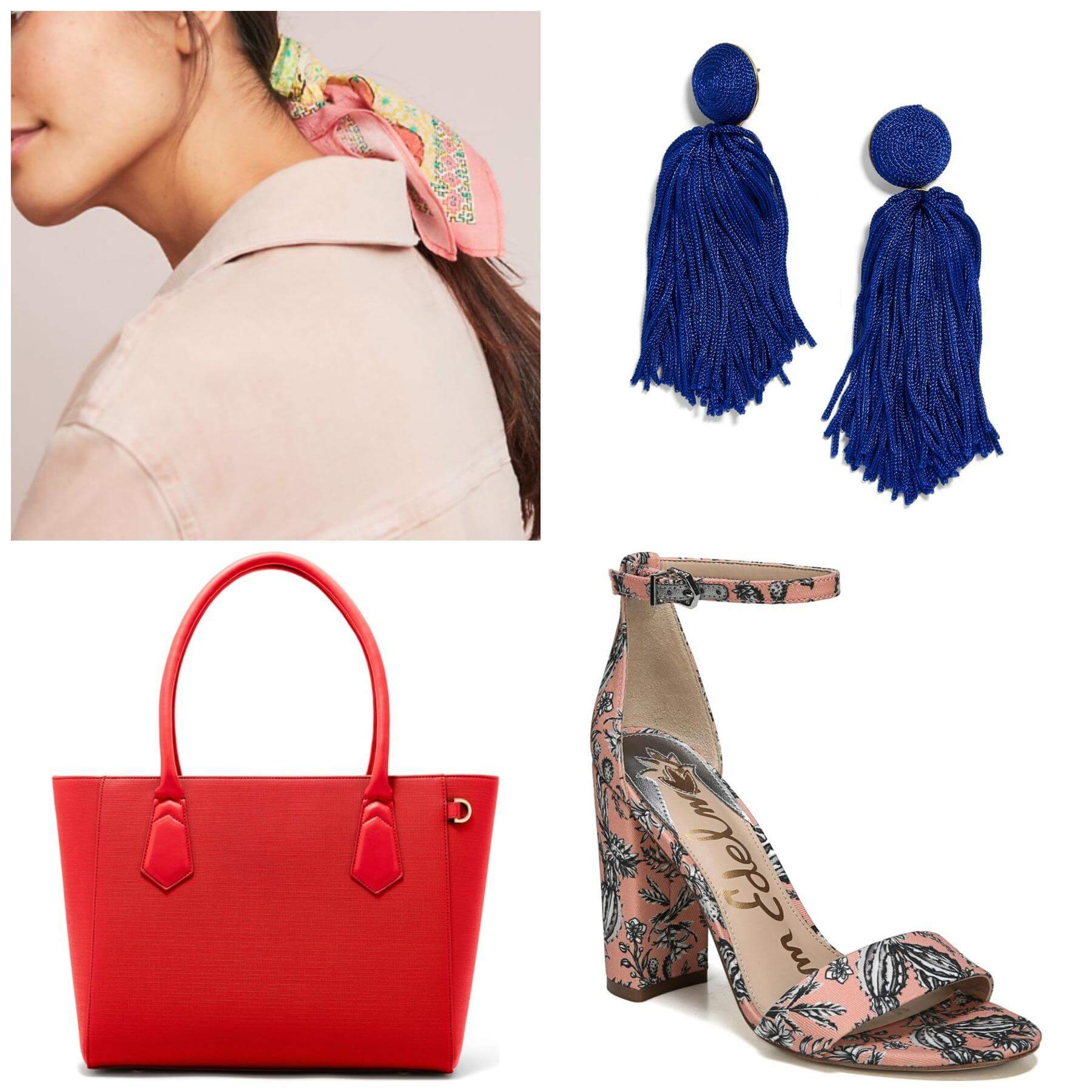 If you want to just dip your toes into the colorful wardrobe pool, these vibrant accessories are the ideal start. This versatile scarf, which can be worn in your hair, around your neck or tied around your handbag, is $18, these palm leaf patterned heels are $119.95, this bright red tote is $245 and these yellow tassel earrings are $36. Images: Nordstrom/Anthropologie