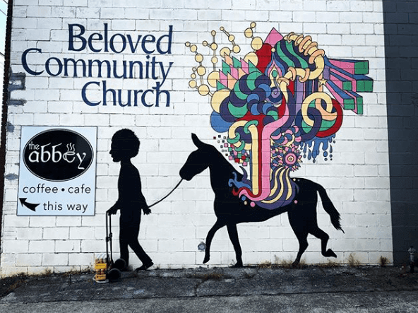 This colorful mural at The Abbey coffee shop is a beautiful backdrop to any photo. This colorful mural at The Abbey coffee shop is a beautiful backdrop to any photo.