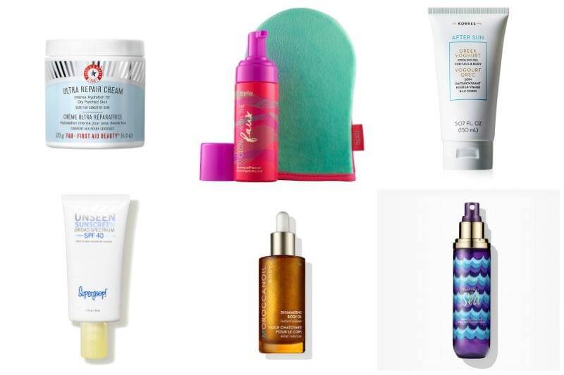 These skincare products will keep your skin refreshed, hydrated, protected and glowing throughout the season. The First Aid Beauty Ultra Repair Cream is $30, the Tarte Glow with the Faux self-tanning mousse is $39, the Korres after sun lotion is $26, the Supergoop Unseen Sunscreen is $32, the Moroccanoil Shimmering Body Oil is $48 and the Tarte Rainforest of the Sea setting spray is $25. Images: Sephora These skincare products will keep your skin refreshed, hydrated, protected and glowing throughout the season. The First Aid Beauty Ultra Repair Cream is $30, the Tarte Glow with the Faux self-tanning mousse is $39, the Korres after sun lotion is $26, the Supergoop Unseen Sunscreen is $32, the Moroccanoil Shimmering Body Oil is $48 and the Tarte Rainforest of the Sea setting spray is $25. Images: Sephora