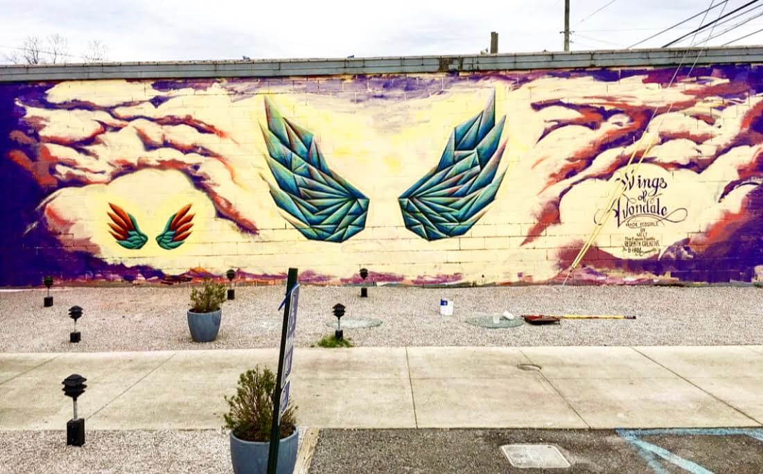 The Wings of Avondale 2.0, done by Marcus Fetch, is a recreation of one of Birmingham's favorite murals. It's perfect for your Instagram shot! Image: @marcusfetch The Wings of Avondale 2.0, done by Marcus Fetch, is a recreation of one of Birmingham's favorite murals. It's perfect for your Instagram shot! Image: @marcusfetch