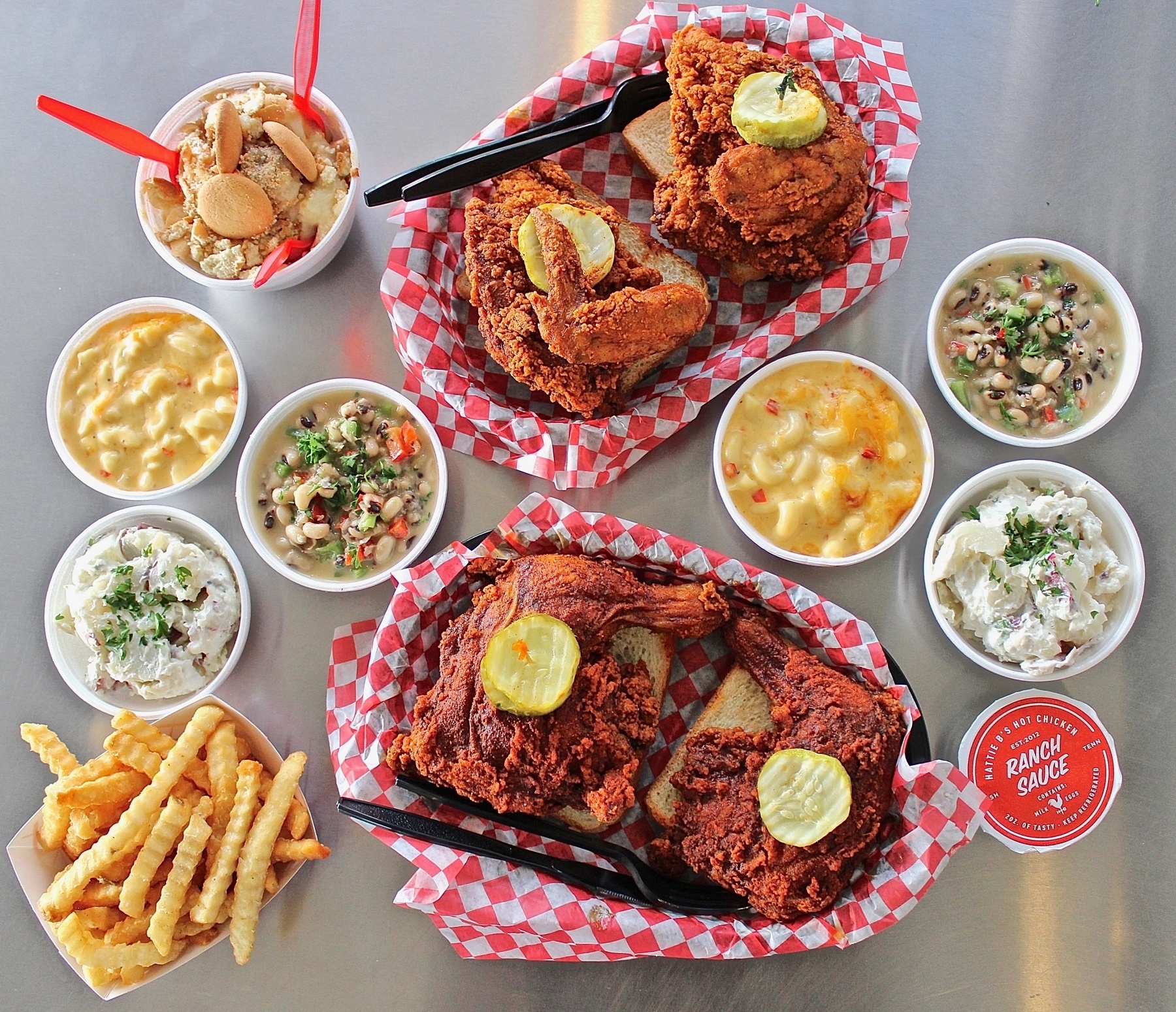 Banana pudding, mac & cheese, potato salad ... all of the Southern side favorites can be found on the Hattie B's menu. Image: Joseph Woodley