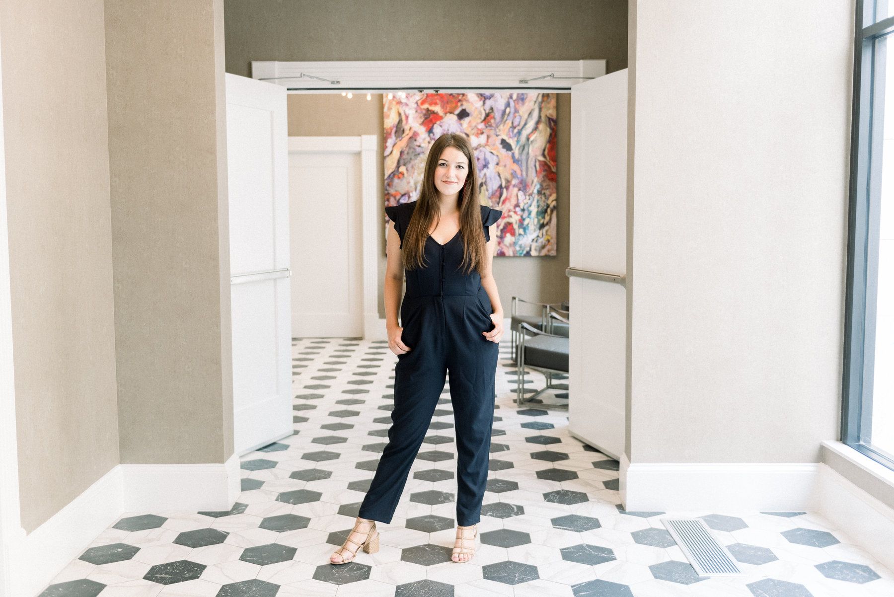 On McCall from Monkees of Mountain Brook: Navy jumpsuit, $130; Braided heels, $200 On McCall from Monkees of Mountain Brook: Navy jumpsuit, $130; Braided heels, $200