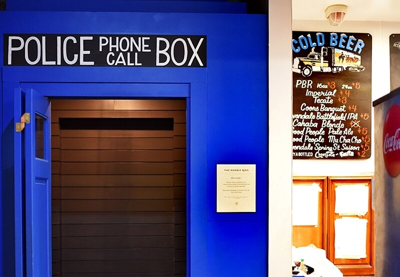 Located inside Hot Diggity Dogs, The Marble Ring’s entrance is a nondescript phone booth. Birmingham Hidden Bars – The Marble Ring