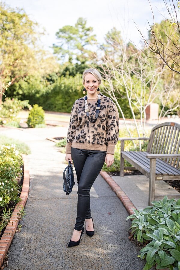 Katie is ready to hit the town with her fun, cheetah sweater and black jeans.