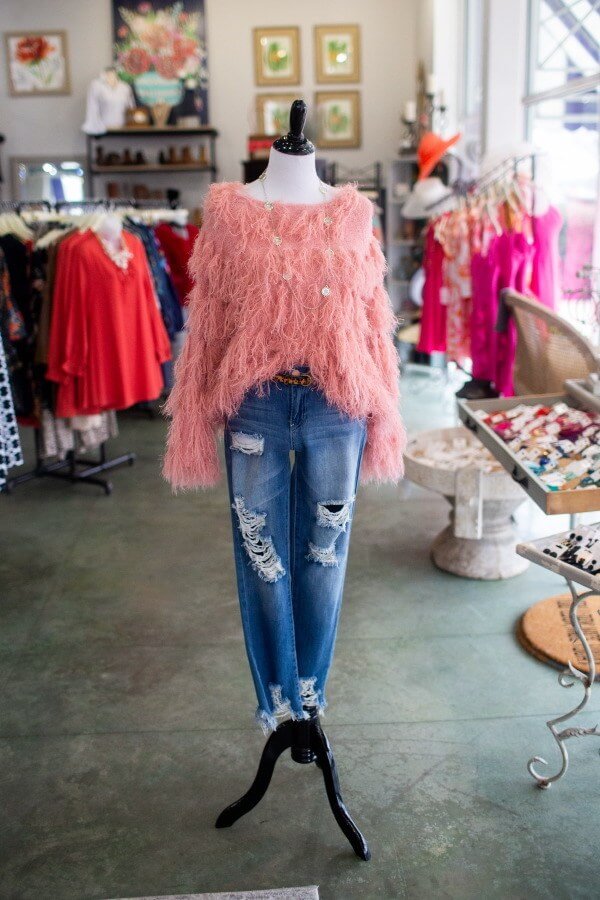 From That Cute Little Shop: Shaggy pink sweater, $52; vintage coin necklace, $36; leopard print belt, $28; ripped denim, $49 what to wear louisville february
