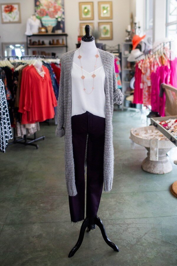 From That Cute Little Shop: Deep purple pleather denim, $82; white camisole, $28; grey long sleeved sweater duster, $89; rose gold necklace, $26 what to wear louisville february