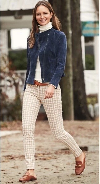 A suede jacket in classic navy with an edgy asymmetrical zipper takes these traditional basics to the next level. Image: J.McLaughlin A suede jacket in classic navy with an edgy asymmetrical zipper takes these traditional basics to the next level. Image: J.McLaughlin