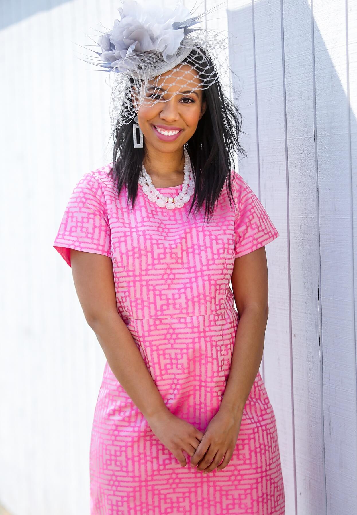 From Merci: Petal pink patterned dress, $188; grey Headcandi fascinater, $368; crystal & pearl necklace, $295; celluloid earrings, $68 Your Ultimate Style Guide to Derby 2019