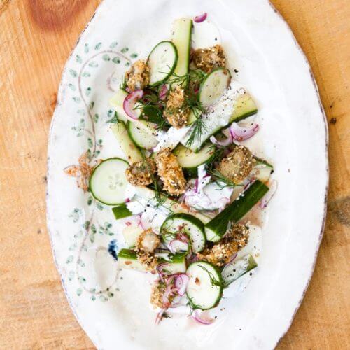 Mom’s Cucumber Salad with Fried Oysters