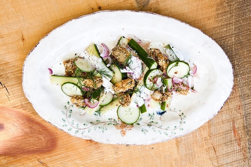 Mom’s Cucumber Salad with Fried Oysters 