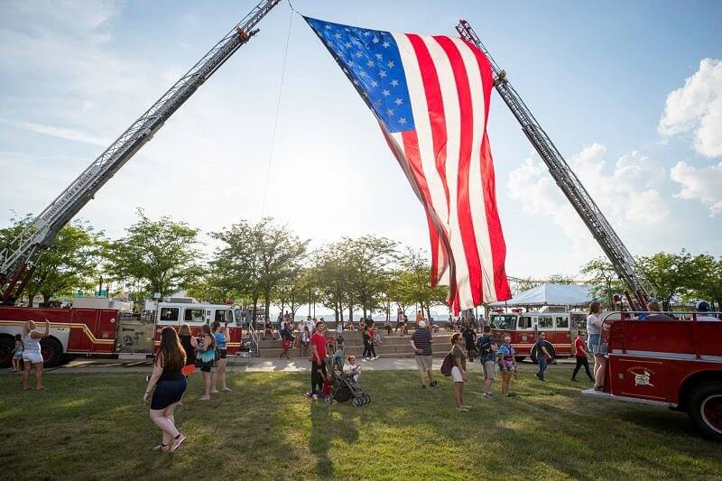 American flag hangin about Waterfront Park during a Louisville event
