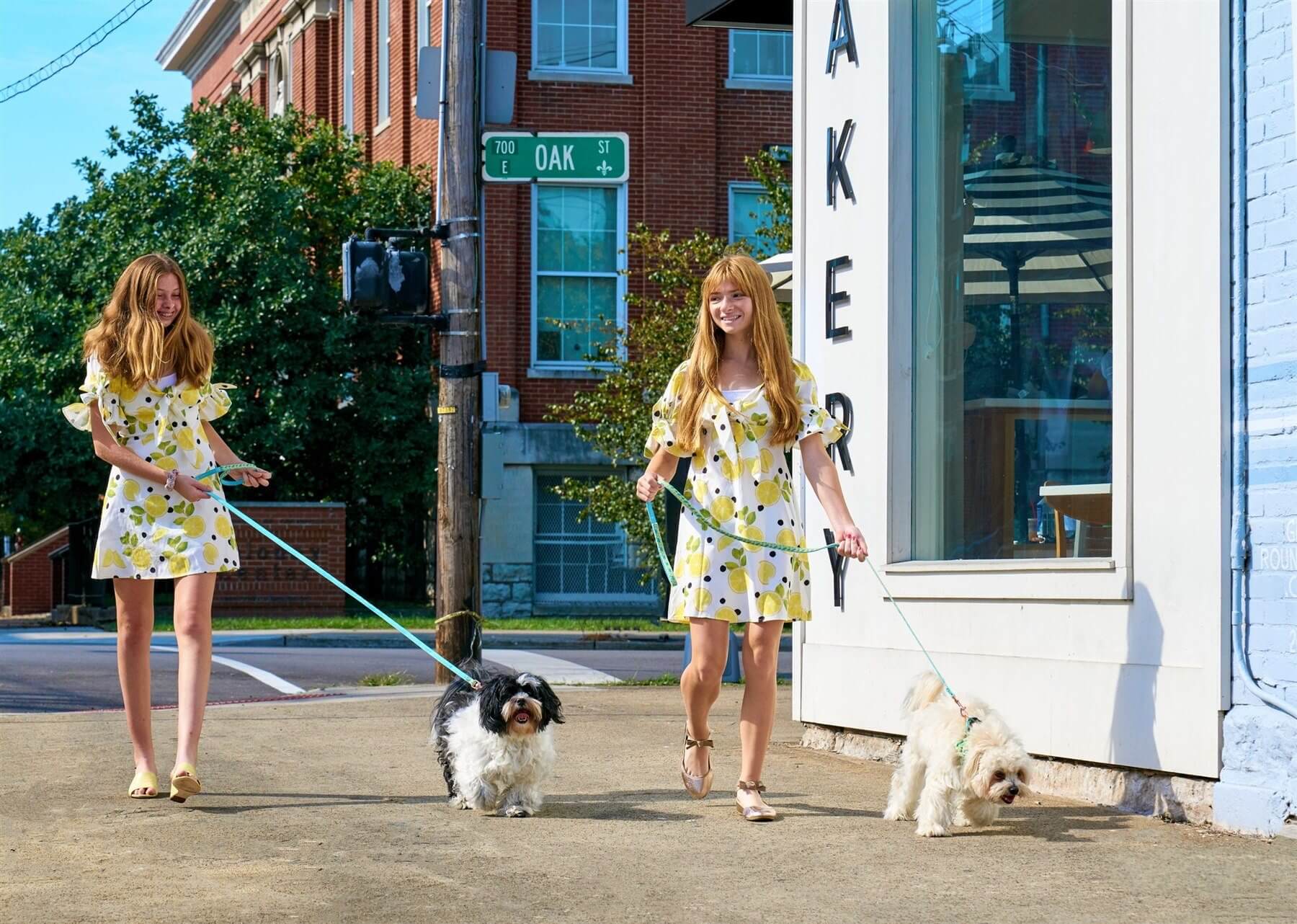 The girls always appear together in matching lemon dresses. “We have, like, seven different lemon dresses,” Hailey says. Their Lemontastic bow tie and dog leash set, pictured here, will be in the gift bags at the upcoming 71st Primetime Emmy Awards. Ooh La Lemon