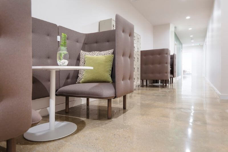 The space was designed with a focus on productivity and community: beautifully designed workspaces, furnished private offices, receptions for guests and clients, and more private areas like this one. Image: Art Meripol Private coworking space inside Practice Works