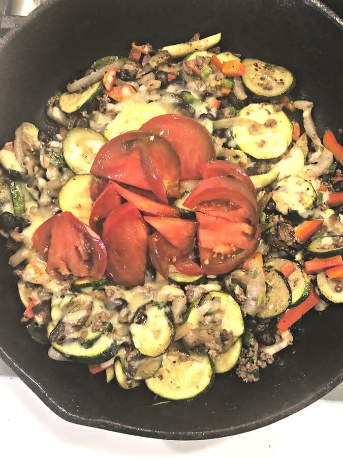 Cast Iron Skillet Recipes: Zucchini, Mushrooms, Onions (with left-overs from the night before)