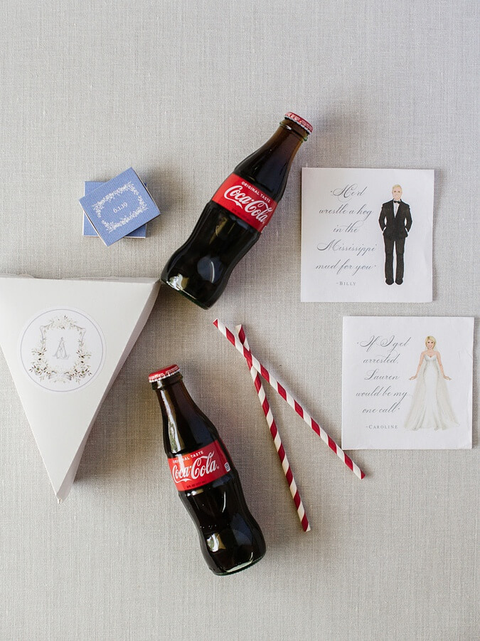 Personalized pizza slice boxes are our new favorite wedding detail. late night details- personalized pizza boxes and Coca-Cola