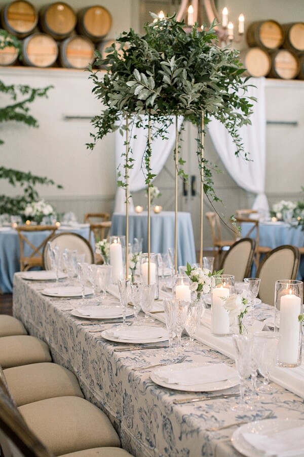The winery wedding color scheme was soft whites, blues, greys and lush greens everywhere. They wanted to take the outdoor feel of the ceremony and cocktail hour into the reception room. winery wedding color scheme