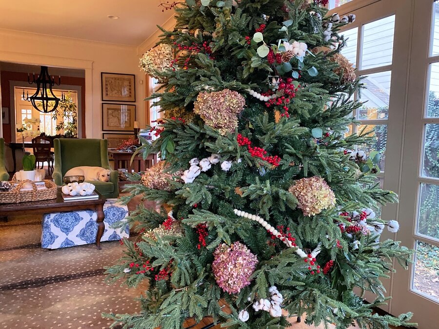 A pretty Christmas tree with a yellow lab