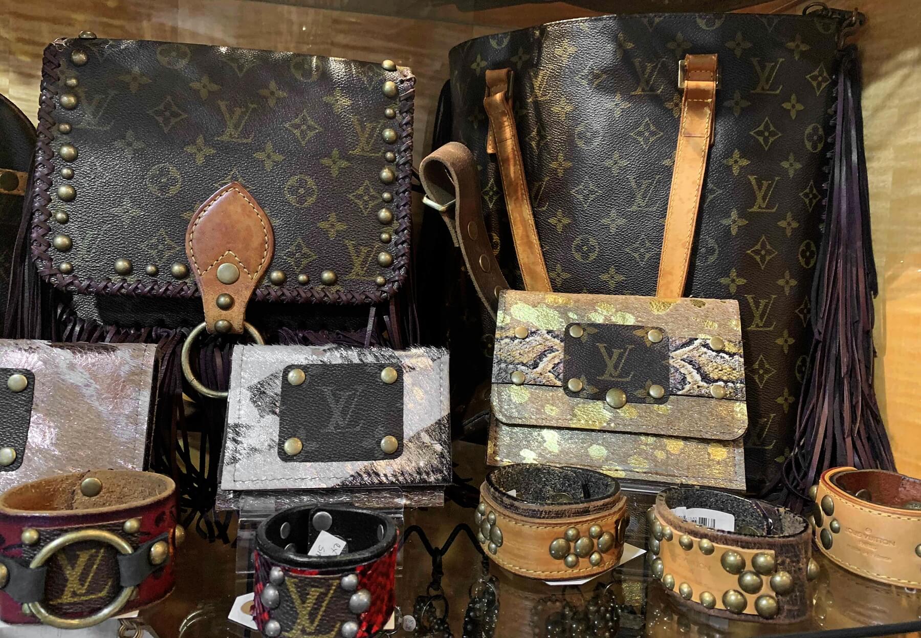 Incredible upcycled purses and jewelry from Louis Vuitton and Gucci are very popular. The chunky leather bracelets will look amazing with sweaters this fall! Upcycled purses and jewelry