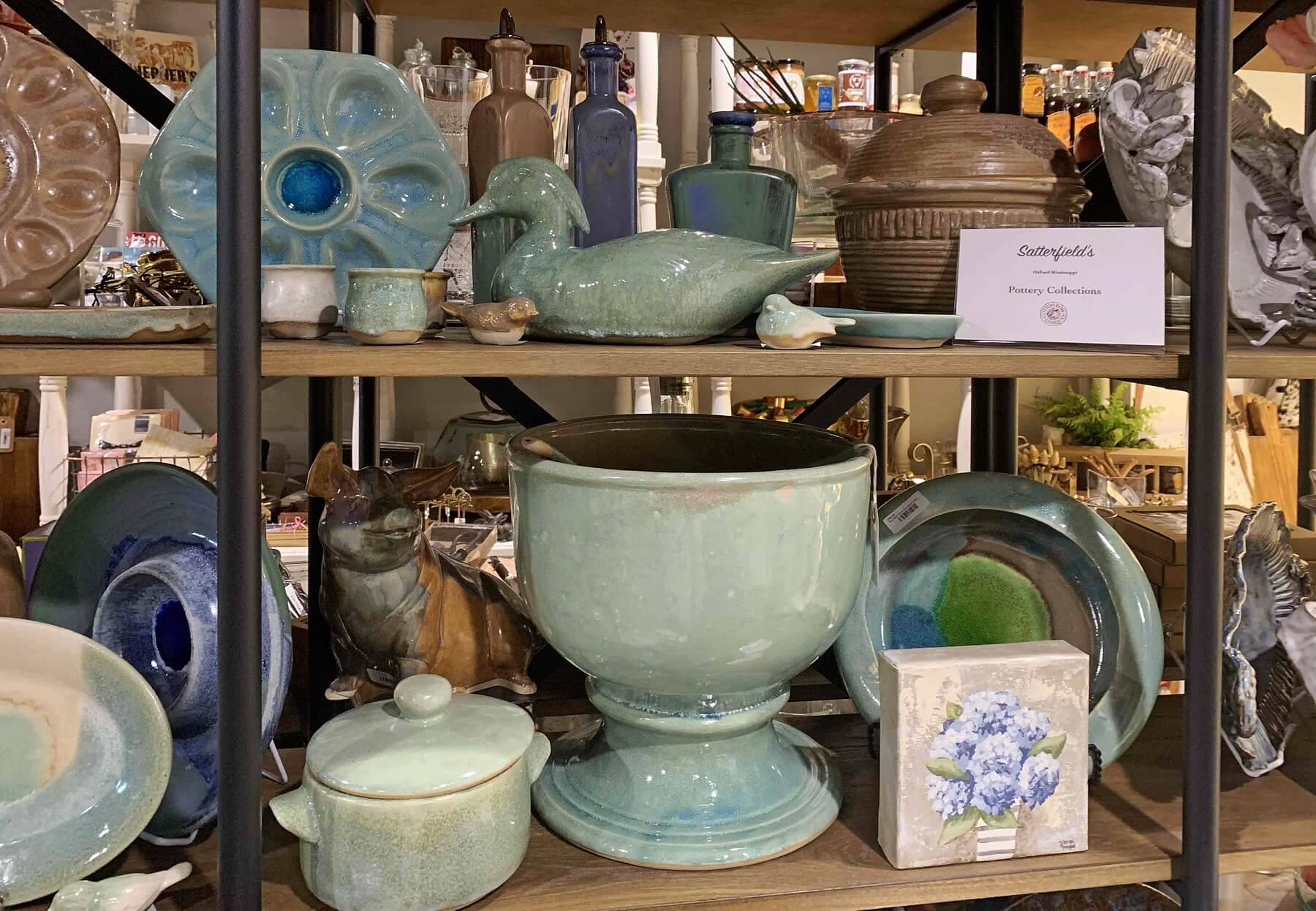 We love the beautiful greens, blues and neutrals in the pottery collection from Satterfield’s in Oxford, MS. Pottery collection- Cotton Row Uniques