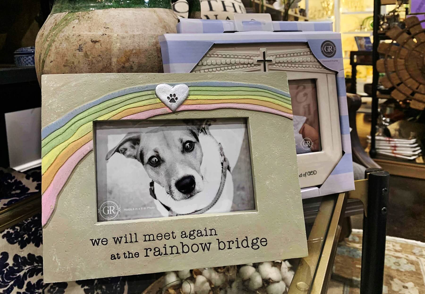“Our branded photo frames are quite popular,” says Shane. “This one is perfect for someone who has lost a beloved pet.” Branded pet frame- Cotton Row Uniques