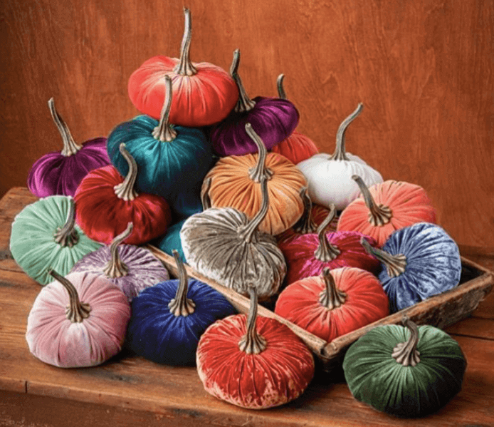 Velvet pumpkins, $20 each, at The Cottage Basket | Image: The Cottage Basket Velvet pumpkins at Cottage Basket