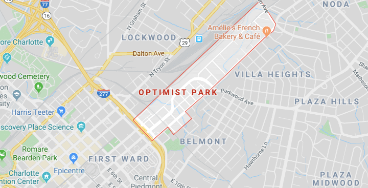 Wide train tracks hug the North edge of Optimist Park, NoDa is to the East, Villa Heights and Belmont to the South, and Uptown Charlotte to the West. Image: Google Maps optimist park map