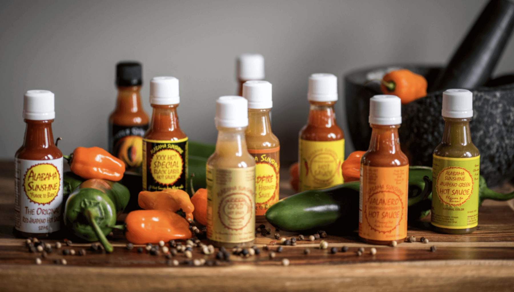 Mini hot sauce set, $16.50, from Alabama Sunshine | Image: Alabama Sunshine Hot sauce set from Alabama Sunshine