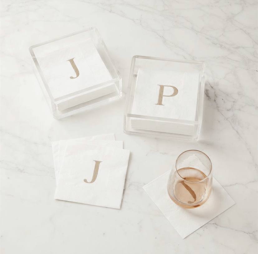 Initialed napkins, $10; acrylic holders, $20, at The Pink Nest | Image: The Pink Nest Memphis gift guide: Initialed napkins