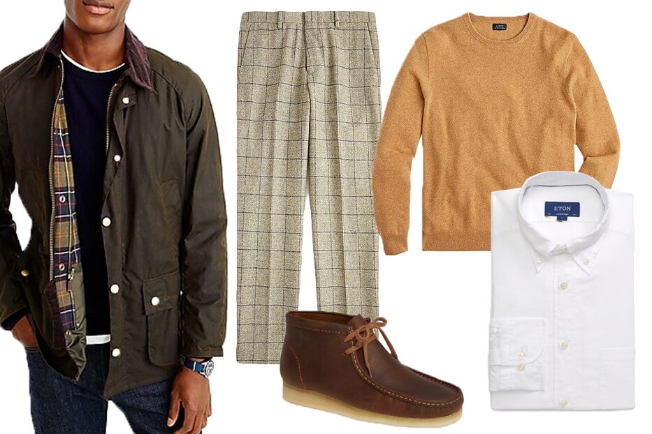 This look is guaranteed to impress! By using daily essentials you can find in your own closet, and pairing them with a patterned (or solid) pant, he'll surely be the most stylish at your friend's next holiday gathering. Barbour Jacket ($415), Everyday Cashmere from J. Crew ($118), ETON Dress Shirt ($195), Windowpane pant ($238), Wallabee Boot ($150). Images: Nordstrom, J. Crew Men's holiday looks- elevated