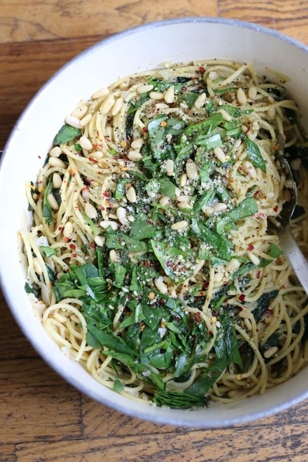 Easy vegan dinner recipe — Spinach, Pine Nuts and Pasta Dinner