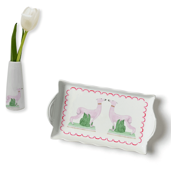 Maizie Clarke Valentine's Day set, $40, at SB Shop | Image: Maizie Clarke Bud vase and tray with hand-pained dogs