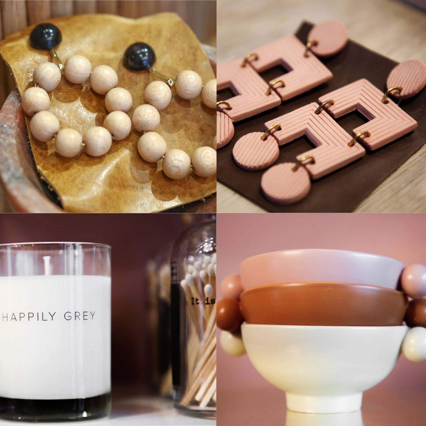 From candles to statement earrings, each piece in Mary's store is thoughtfully chosen. Collage of finds at Happily Grey