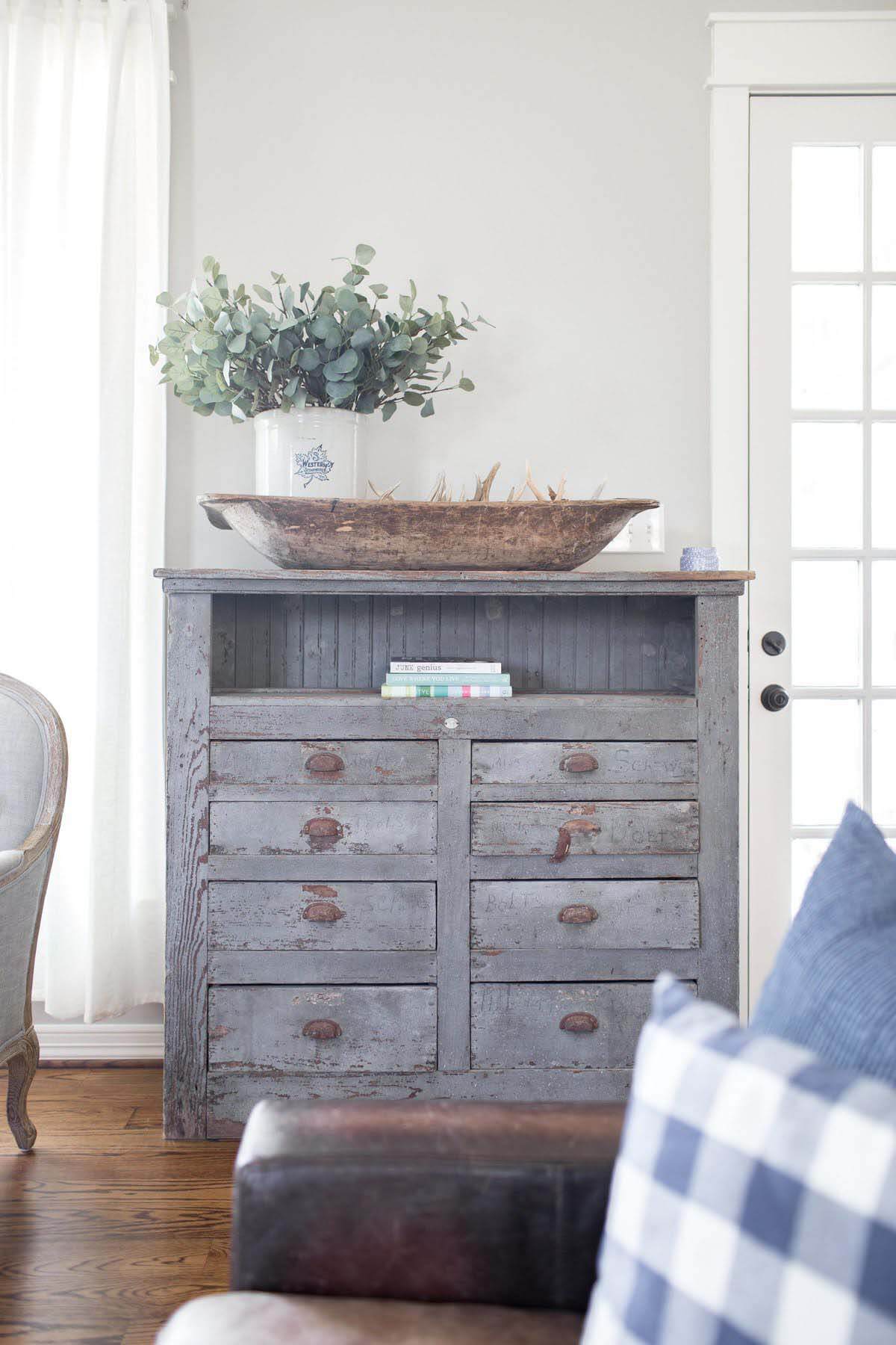 Vintage bureau in Houston farmhouse renovation