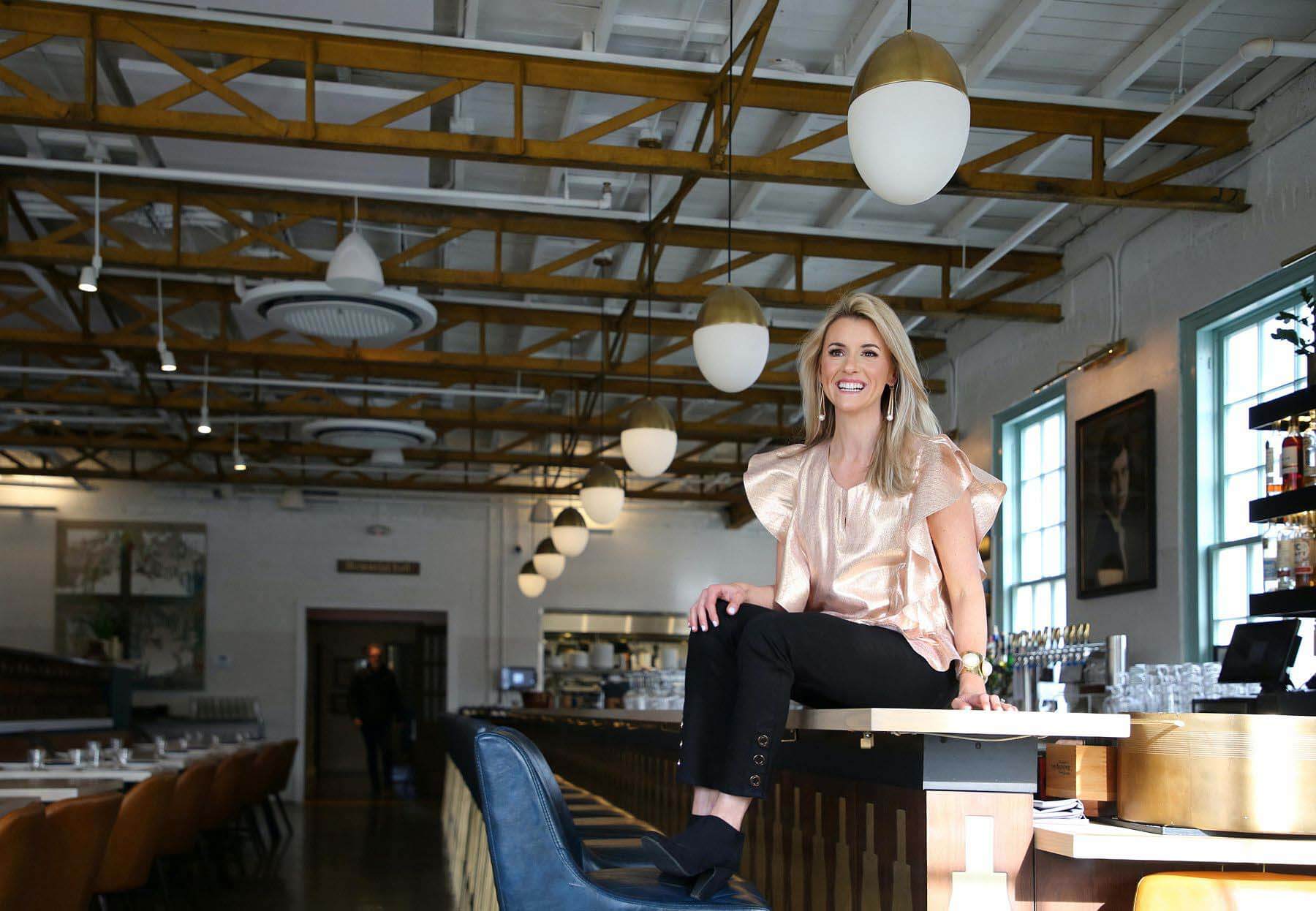 Model Lauren sitting on Hathorne bar in what to wear february 2020 outfit