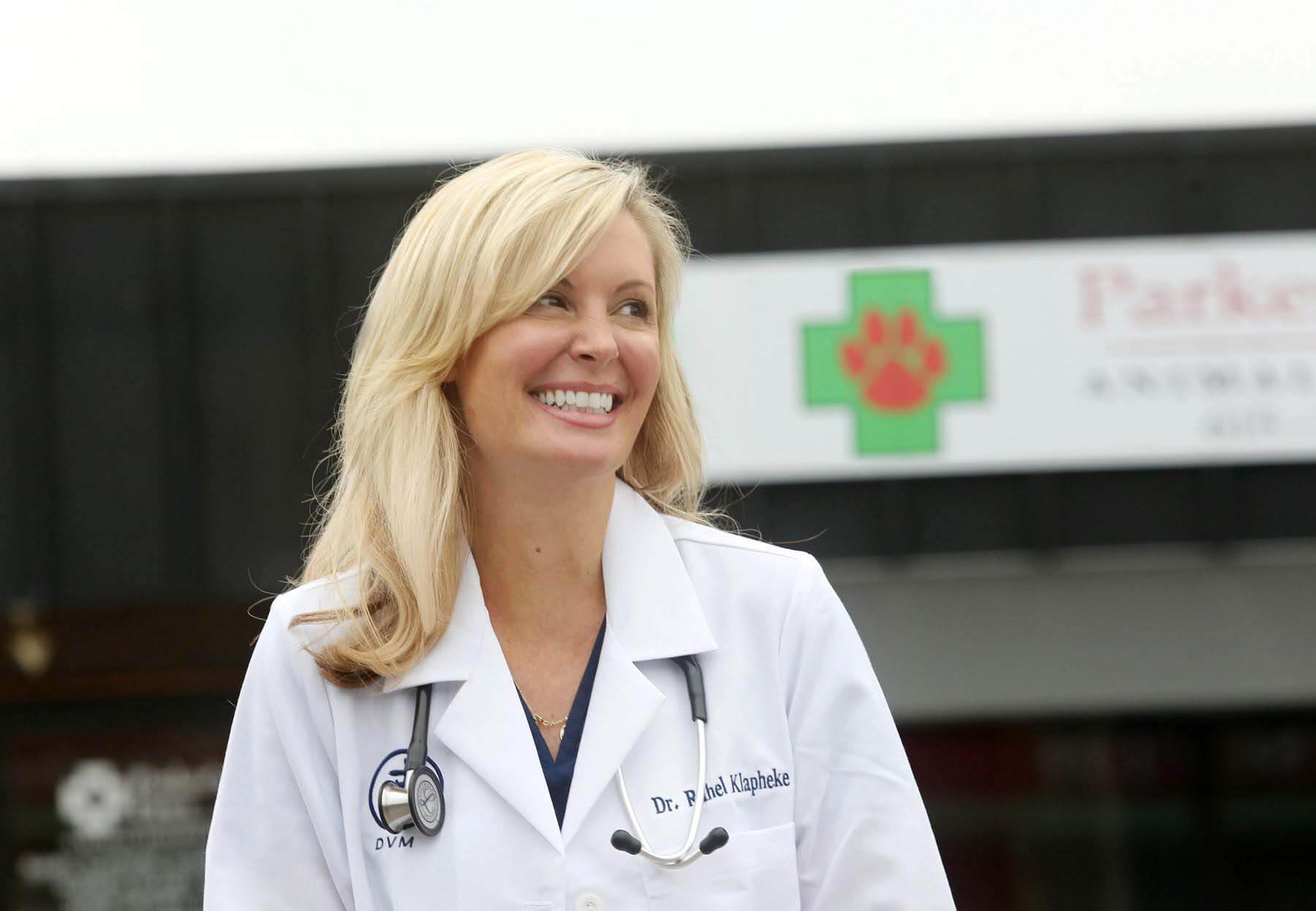 Nashville veterinarian Dr. Rahel Klapheke Sloan of Parker's Paws in front of her animal hospital.