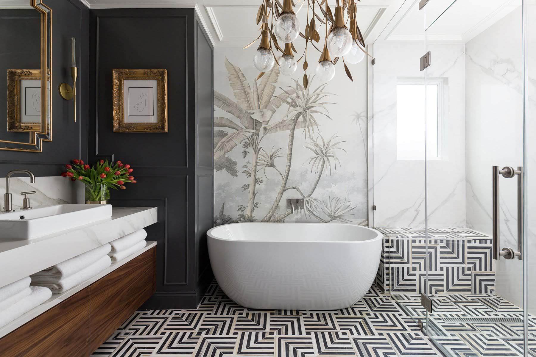 A builder-basic master bathroom was transformed into a luxury retreat with floor tile from Ann Sacks and a bathtub by Signature Hardware. Builder-basic master bathroom