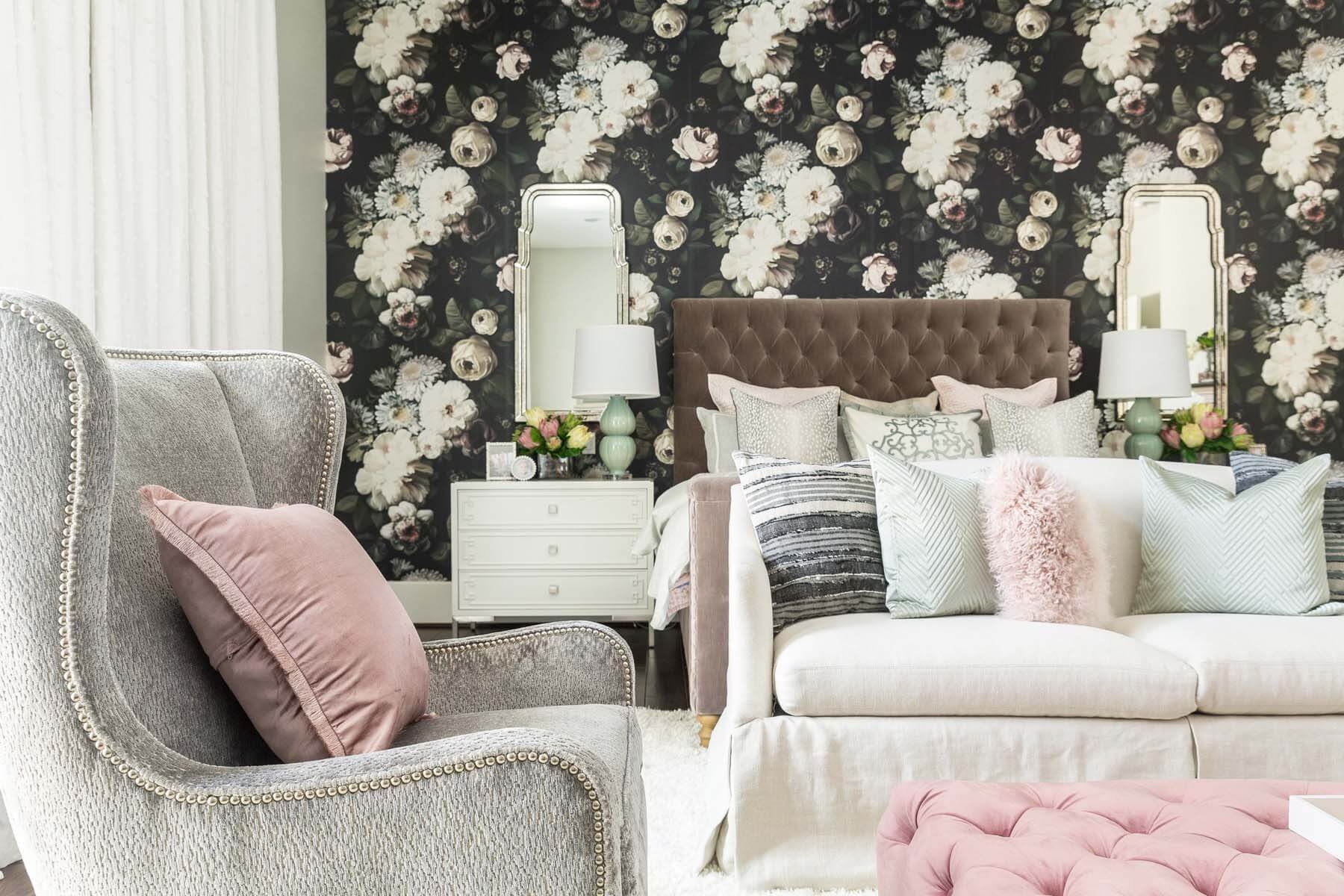 Veronica added glam to this guest bedroom with plenty of texture, including velvet, fur and a Surya rug. Master bedroom designed by Veronica Solomon