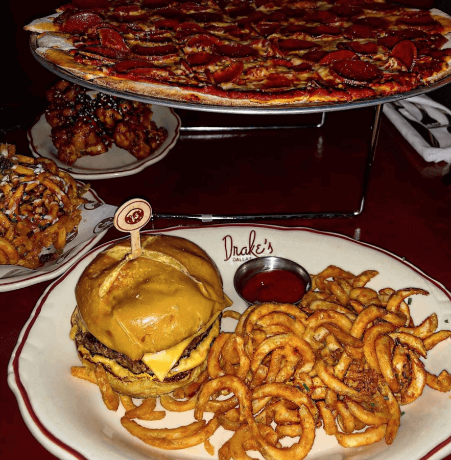 Burger and fries from Drake's