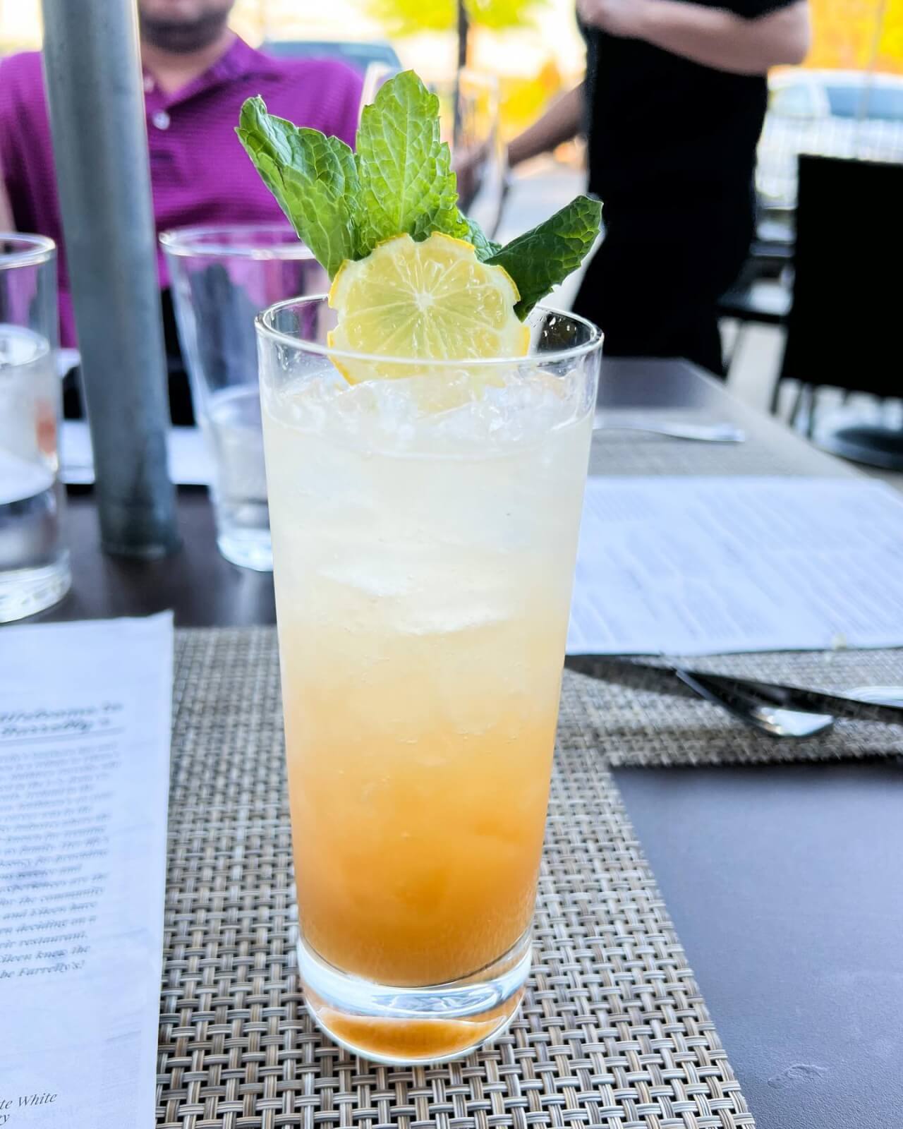 Craft cocktail with lemon garnish on patio table.